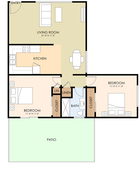 Floor plan for 2 beds, 1 bath, 813 sqft