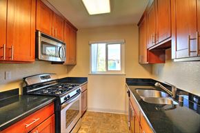 Menlo Park apartment for rent - a kitchen with a stove and a sink and a microwave