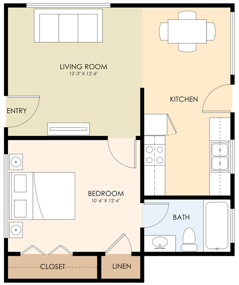 Floor plan for 1 bed, 1 bath, 600 sqft