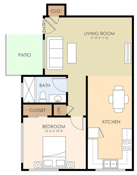 Floor plan for 1 bed, 1 bath, 669 sqft