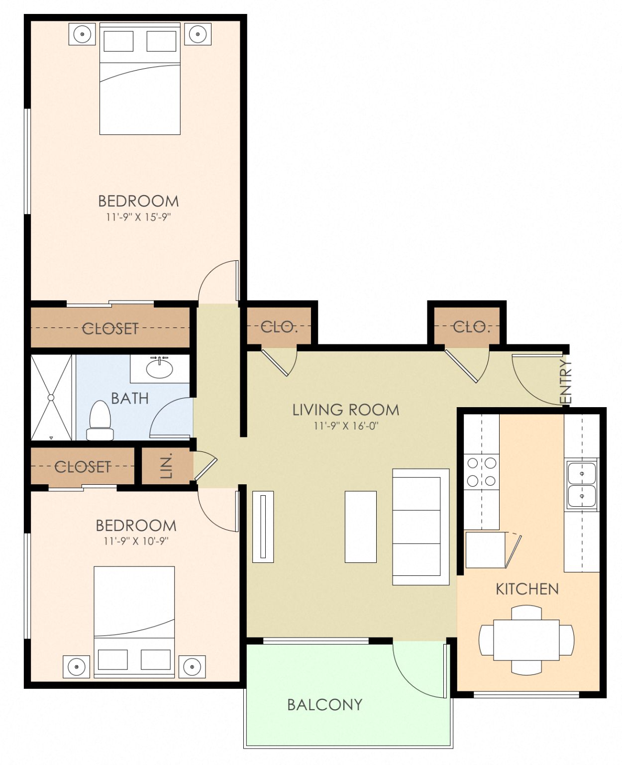 Floor plan for 2 beds, 1 bath, 805 sqft