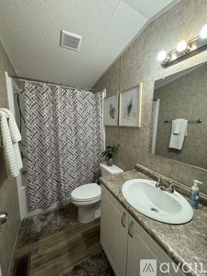 Selma apartment for rent - A bathroom with a toilet, sink, and shower curtain.