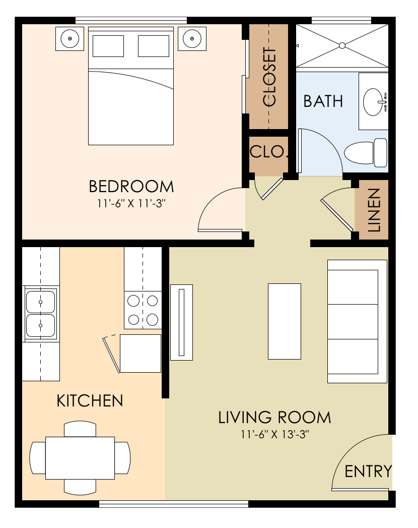 Floor plan for 1 bed, 1 bath, 490 sqft