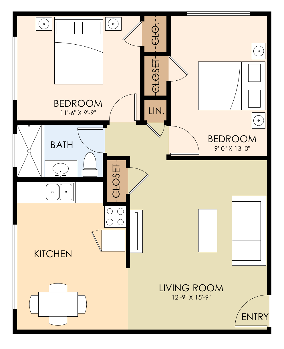 Floor plan for 2 beds, 1 bath, 807 sqft
