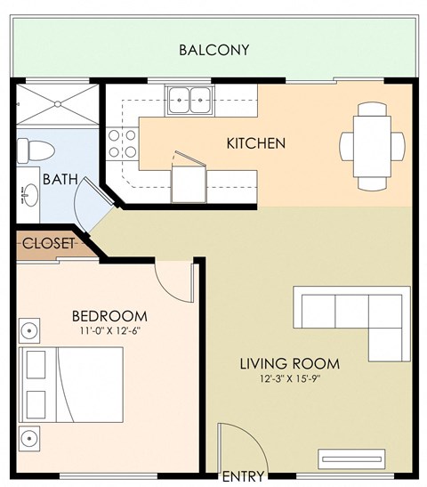 Floor plan for 1 bed, 1 bath, 556 sqft