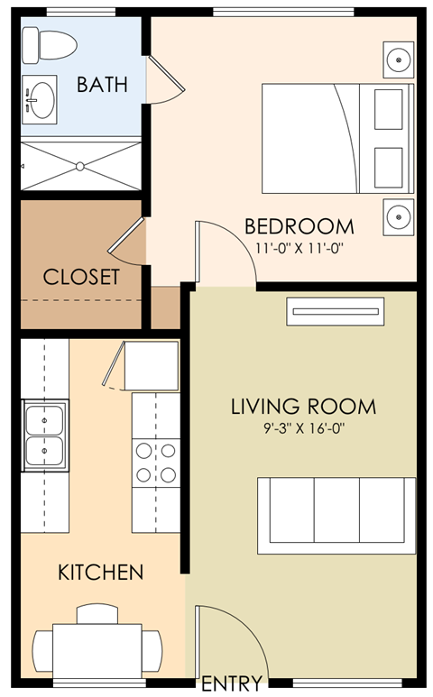 Floor plan for 1 bed, 1 bath, 445 sqft
