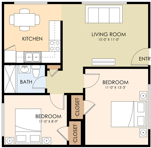 Floor plan for 2 beds, 1 bath, 625 sqft