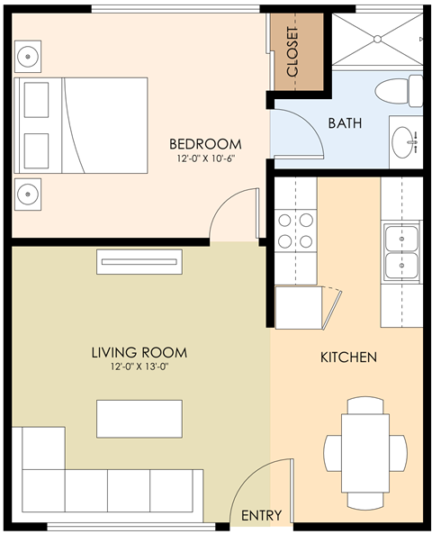Floor plan for 1 bed, 1 bath, 463 sqft