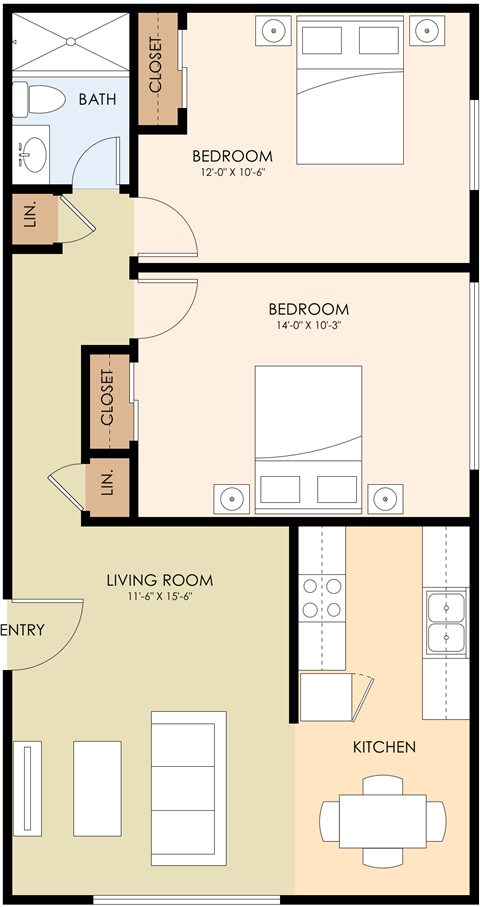 Floor plan for 2 beds, 1 bath, 720 sqft