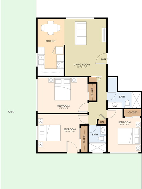 Floor plan for 3 beds, 2 baths, 827 sqft