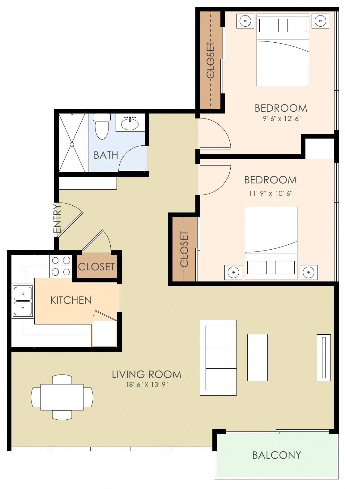 Floor plan for 2 beds, 1 bath, 835 sqft