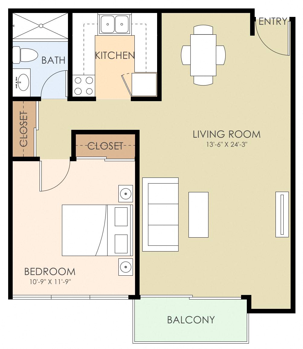 Floor plan for 1 bed, 1 bath, 634 sqft