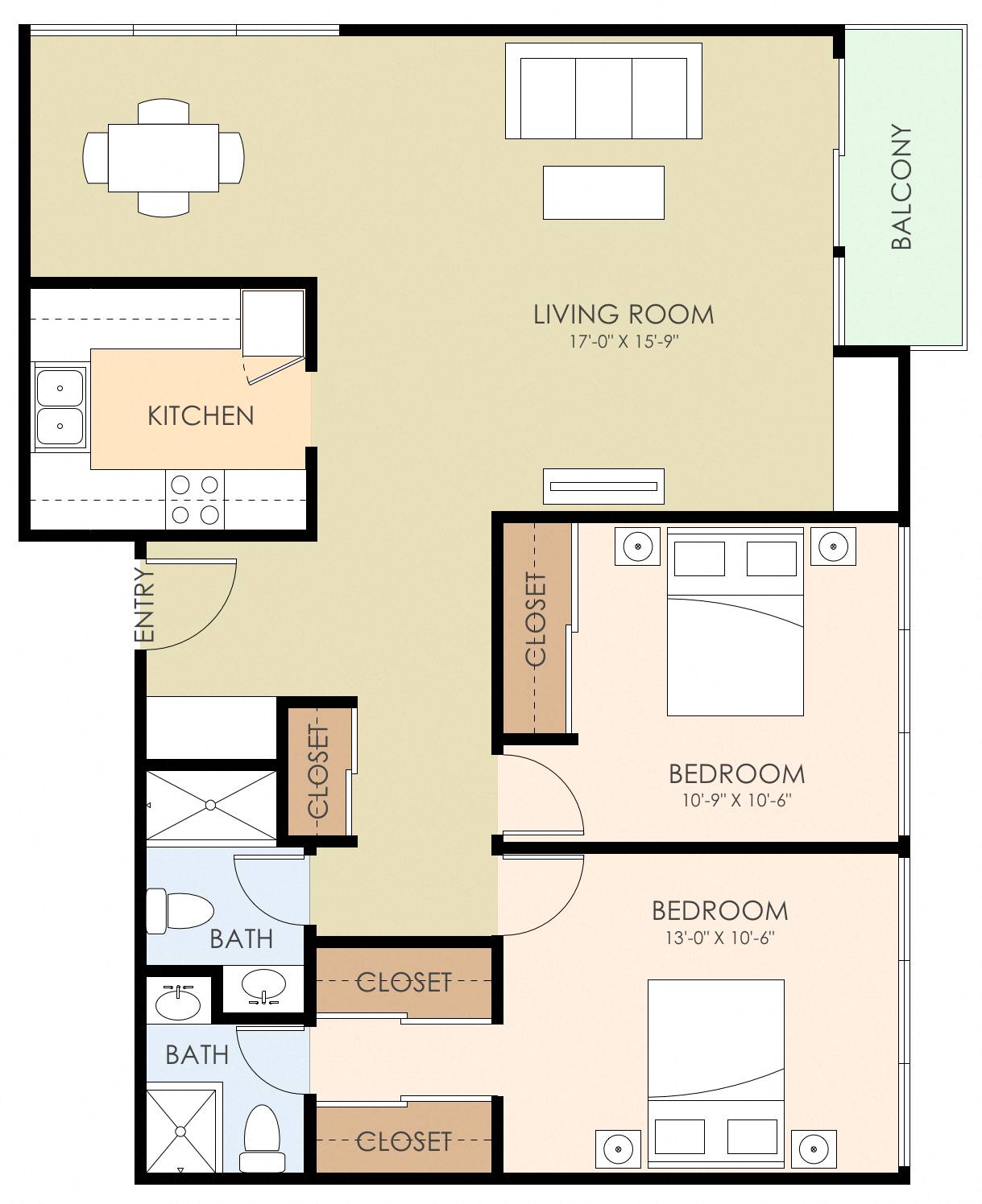 Floor plan for 2 beds, 2 baths, 978 sqft