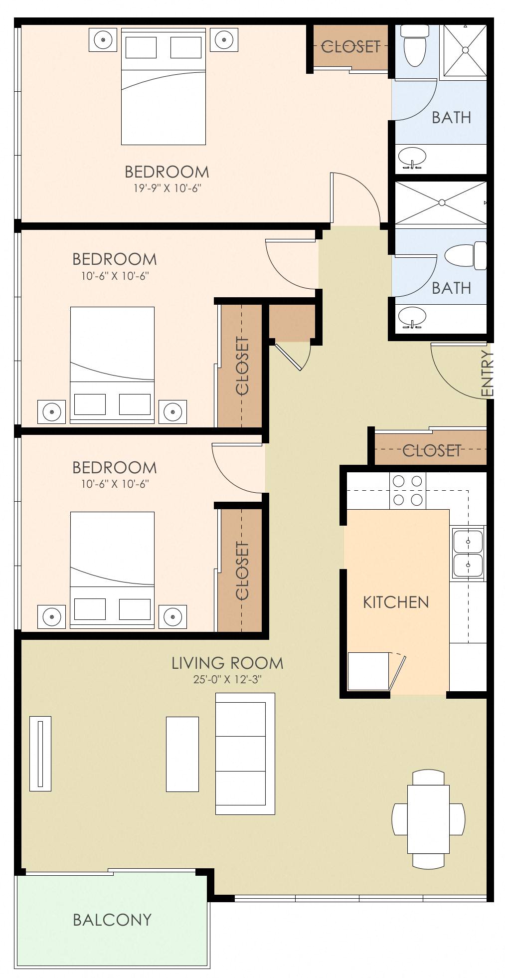 Floor plan for 3 beds, 2 baths, 1145 sqft