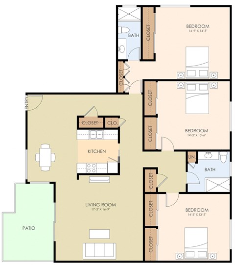 Floor plan for 3 beds, 2 baths, 1620 sqft