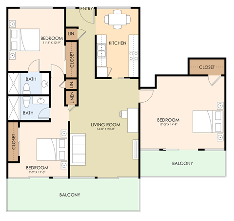 Floor plan for 3 beds, 2 baths, 1200 sqft