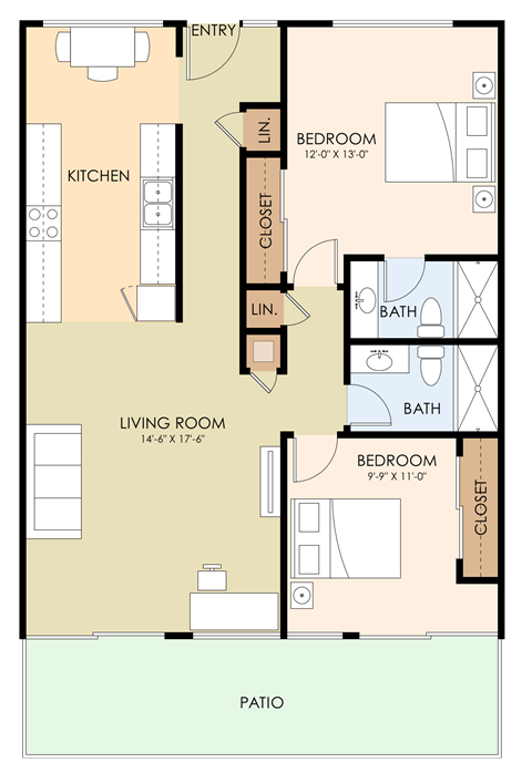 Floor plan for 2 beds, 2 baths, 900 sqft