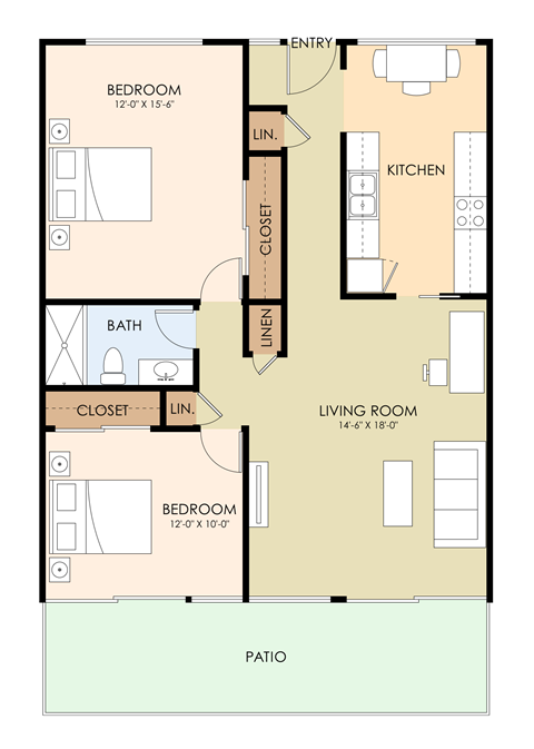 Floor plan for 2 beds, 1 bath, 917 sqft