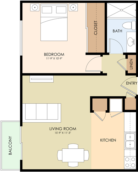 Floor plan for 1 bed, 1 bath, 544 sqft