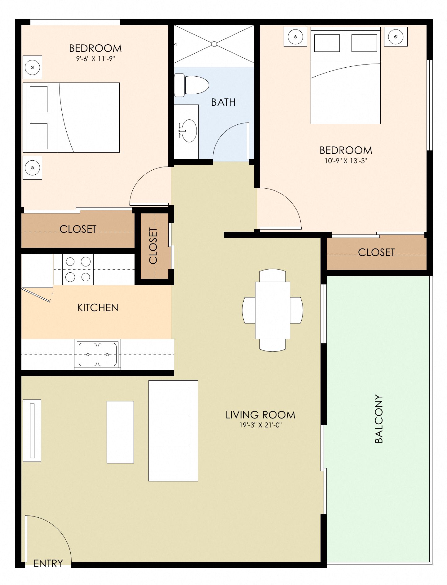 Floor plan for 2 beds, 1 bath, 857 sqft