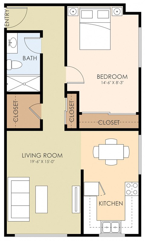 Floor plan for 1 bed, 1 bath, 649 sqft