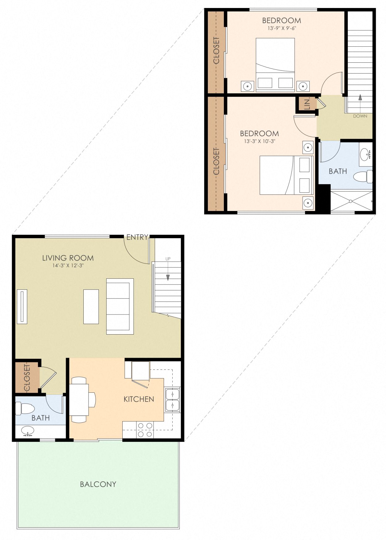 Floor plan for 2 beds, 1.5 baths, 902 sqft