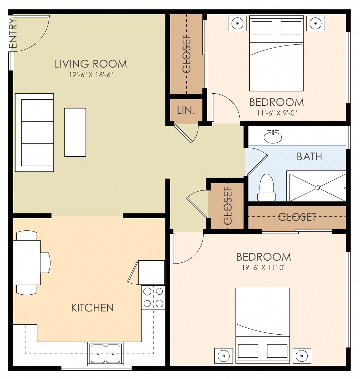 Floor plan for 2 beds, 1 bath, 805 sqft