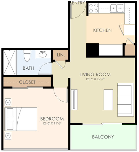 Floor plan for 1 bed, 1 bath, 679 sqft