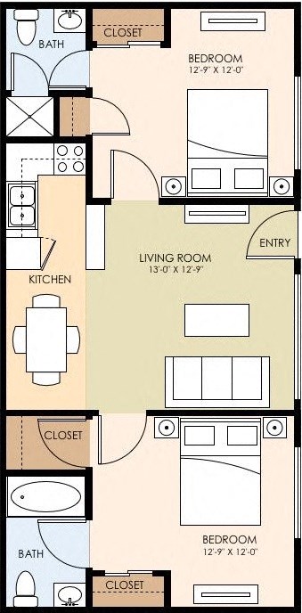 Floor plan for 2 beds, 2 baths, 790 sqft