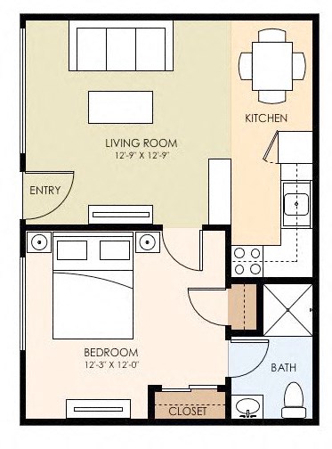 Floor plan for 1 bed, 1 bath, 560 sqft