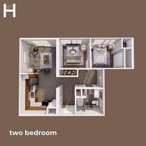 Cleveland apartment for rent - A two bedroom apartment layout with a living room, kitchen, and bathroom.