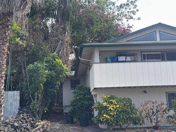 Kailua-Kona apartment for rent - A house with a white exterior and a green roof is surrounded by trees and plants.