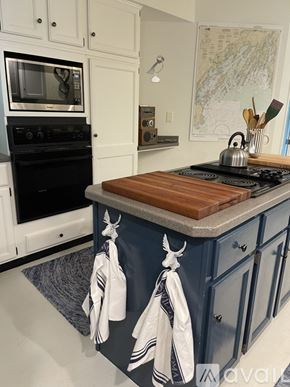 Freeport house for rent - A kitchen with a black stove top and blue cabinets.
