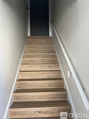 Wyandotte apartment for rent - A set of wooden stairs leading to a dark door.