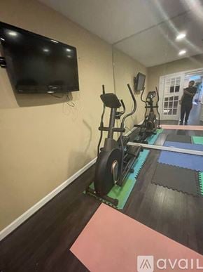Aldie house for rent - A gym room with a rowing machine and a television mounted on the wall.