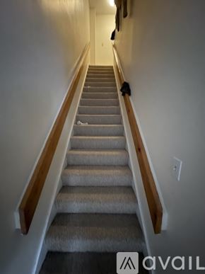 Boston apartment for rent - A staircase with a wooden handrail and beige carpeted steps.