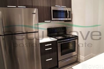 Boston apartment for rent - A modern kitchen with a stainless steel refrigerator, microwave, and oven.
