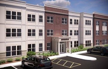 Lafayette apartment for rent - A rendering of a modern building with a parking lot in front.