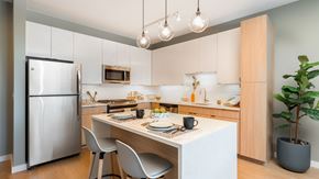Oak Park apartment for rent - Modern kitchen at Eleven33 Apartments in Oak Park with quartz countertops, stainless steel appliances, and bright pendant lighting over the island.