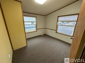 Houghton apartment for rent - A room with a carpeted floor, two windows, and a door.