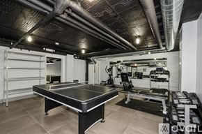 Chicago apartment for rent - A gym with a variety of equipment including a squat rack, bench press, and a boxing ring.