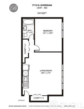 Chicago apartment for rent - A floor plan for a 525 square foot unit at 7710 N. Sheridan shows a bedroom, a living room, and a bathroom.