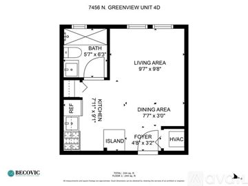 Chicago apartment for rent - A floor plan for a 4D unit at 7456 N. Greenview shows a living area of 97" x 98", a dining area of 77" x 30", and a bath