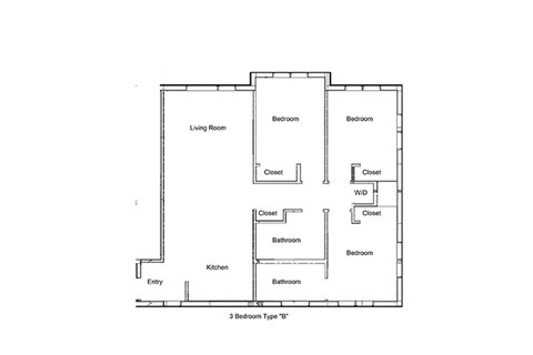 Floor plan for 3 beds, 2 baths, 936 sqft