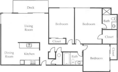 Floor plan for 3 beds, 2 baths, 1200 sqft