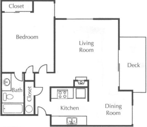 Floor plan for 1 bed, 1 bath, 730 sqft