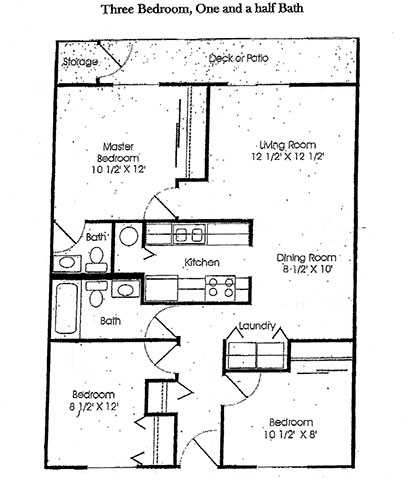 Floor plan for 3 beds, 1.5 baths, 884 sqft