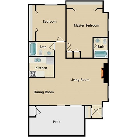 Floor plan for 2 beds, 2 baths, 850 sqft