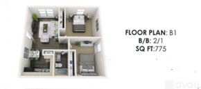Bryan apartment for rent - A floor plan for a 2/1 bedroom apartment is shown, measuring 775 square feet.