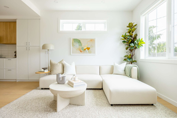 Victoria apartment for rent - A white living room with a couch, coffee table, and a painting on the wall.